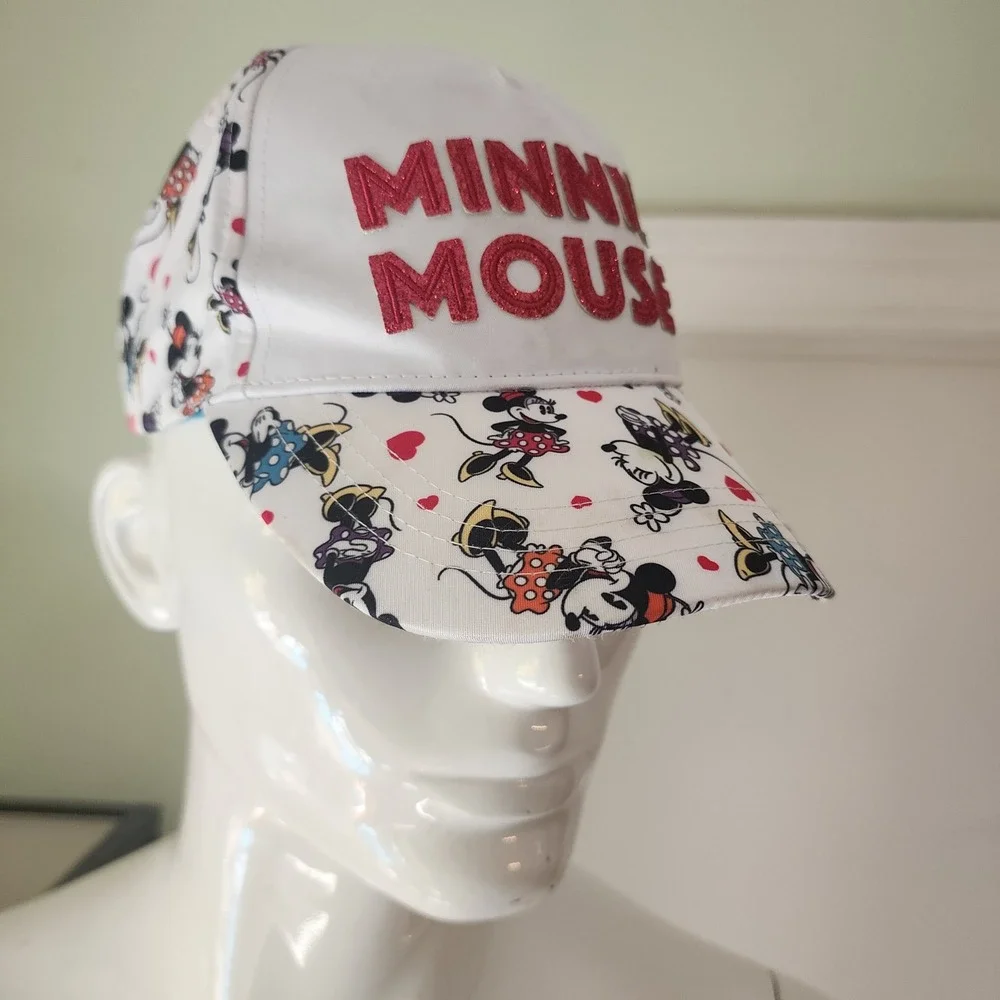 Disney Parks Minnie Mouse Youth Snapback Hat White Red Glitter All Over Print
